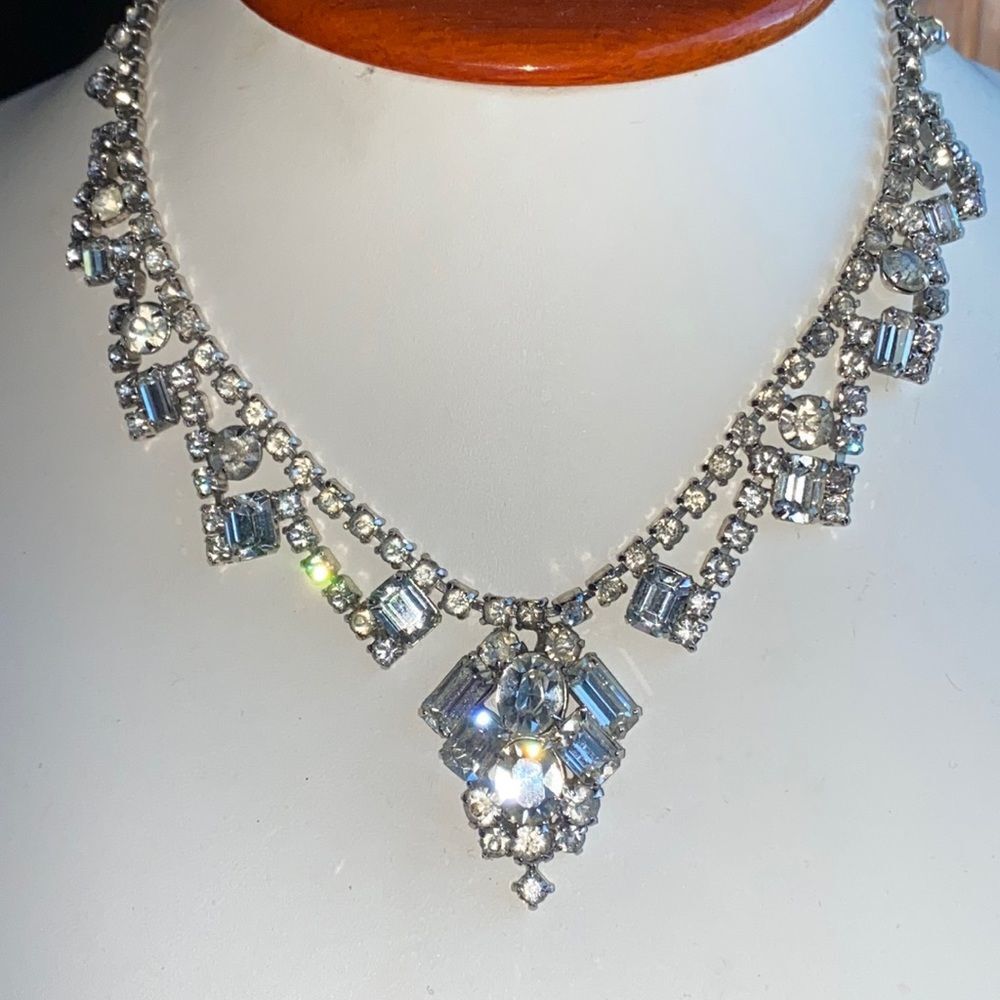 Vintage Clear Rhinestone Statement Necklace Baguette Crystal Bib Bridal Wedding